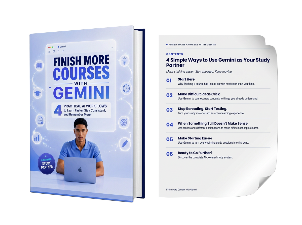 Finish More Courses with Gemini guide and contents page shown as separate standing mockups