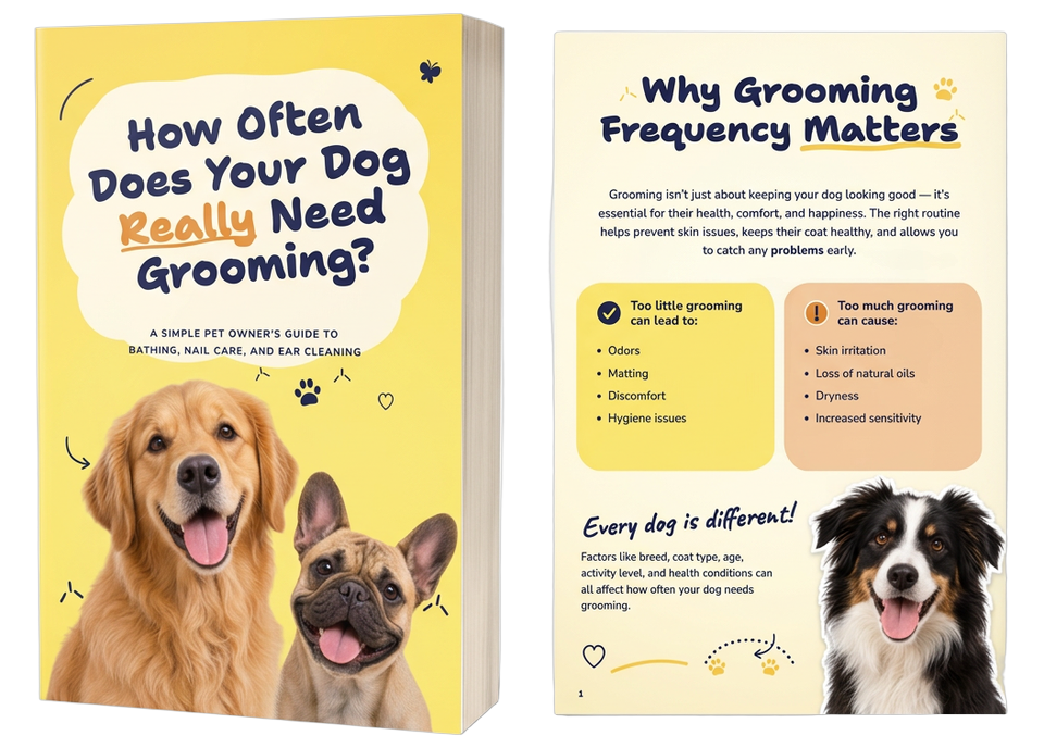 How Often Does Your Dog Really Need Grooming? guide cover with an interior page about why grooming frequency matters
