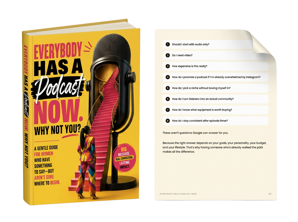 Everybody Has a Podcast Now guide cover with an interior page of common podcasting questions